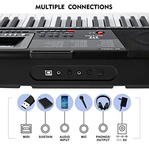 MUSTAR Piano Keyboard, MEKS-500 61 Key Learning Keyboard Piano with Lighted Up Keys, Electric Piano Keyboard for Beginners, Stand, Sustain Pedal, Headphones/Microphone, USB Midi, Built-in Speakers - 6