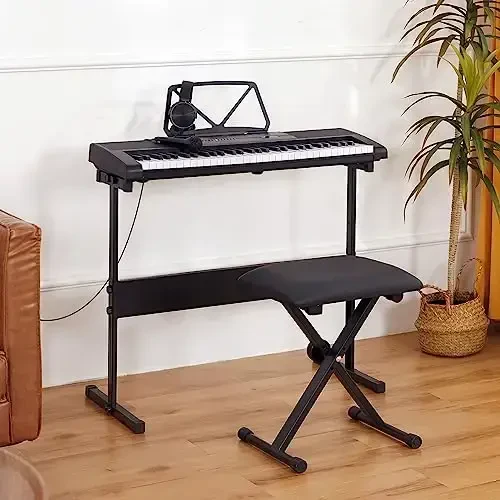 MUSTAR Yorqinlashtirilgan tugmachali pianino klaviaturasi, Yangi boshlanuvchilar uchun 61 tugmali pianino klaviaturasi, skameyka, stend, eshitish vositasi, mikrofon, nota stikerlari va oʻrnatilgan karnaylarga ega MEKS-700 elektr pianino klaviaturasi - 6