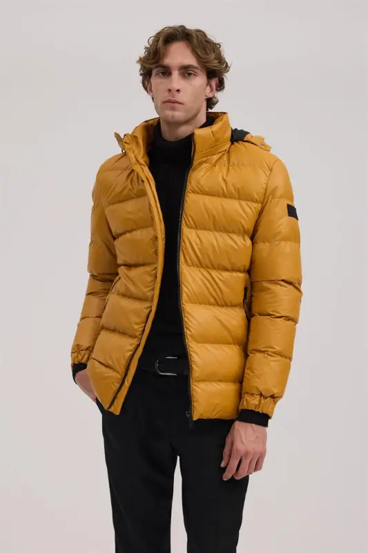 Mustard Regular Fit Hooded Padded Winter Coat - 1