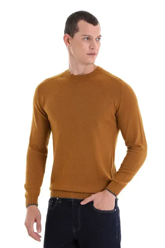 Mustard Regular Fit Plain Crew Neck Wool Knitwear K - HATEMOĞLU