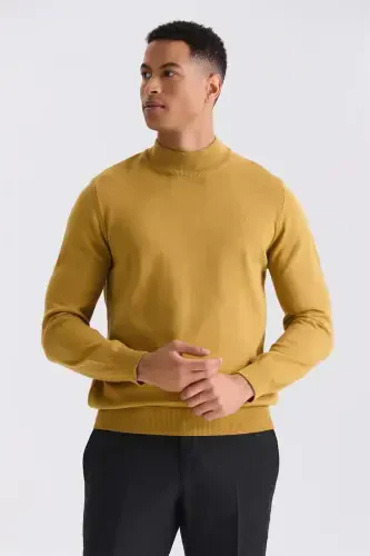 Mustard Slim Fit Half Mock Neck Knit Sweater 