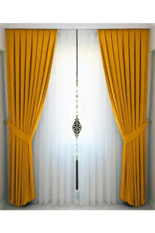 Mustard Yellow Pleated Velvet Curtain High Quality Single Panel-Mustard - Modazone