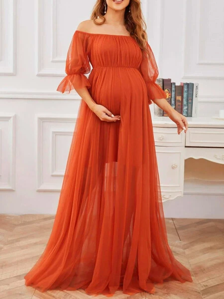 Musuos Women's Long Maternity Dress Short Sleeve Off Shoulder Tulle Gown Pregnancy Dress for Photoshoot- - 5