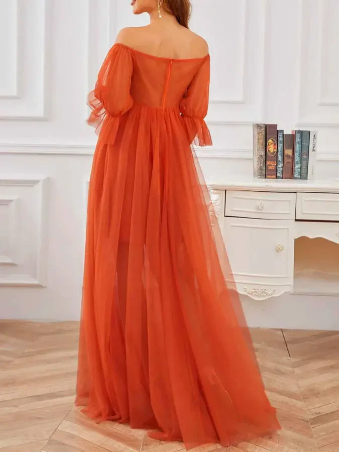 Musuos Women's Long Maternity Dress Short Sleeve Off Shoulder Tulle Gown Pregnancy Dress for Photoshoot- - 6