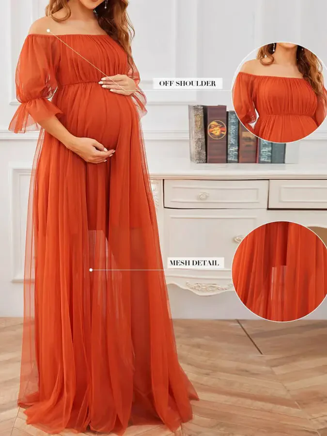 Musuos Women's Long Maternity Dress Short Sleeve Off Shoulder Tulle Gown Pregnancy Dress for Photoshoot- - 7