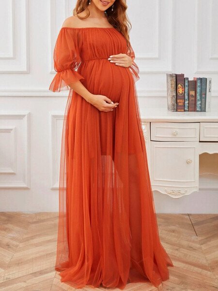 Musuos Women's Long Maternity Dress Short Sleeve Off Shoulder Tulle Gown Pregnancy Dress for Photoshoot- - 4