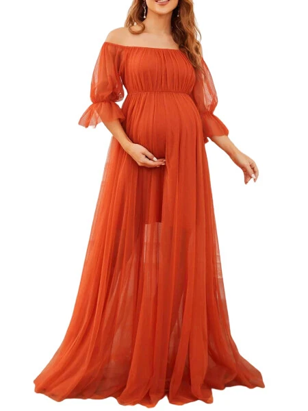 Musuos Women's Long Maternity Dress Short Sleeve Off Shoulder Tulle Gown Pregnancy Dress for Photoshoot- - MUSUOS (1)