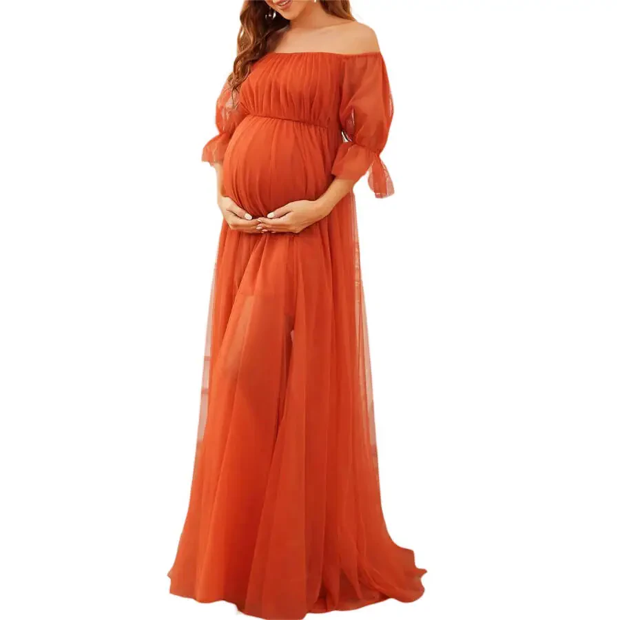 Musuos Women's Long Maternity Dress Short Sleeve Off Shoulder Tulle Gown Pregnancy Dress for Photoshoot - 1