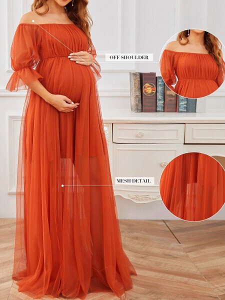 Musuos Women's Long Maternity Dress Short Sleeve Off Shoulder Tulle Gown Pregnancy Dress for Photoshoot - 7