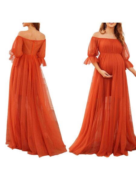 Musuos Women's Long Maternity Dress Short Sleeve Off Shoulder Tulle Gown Pregnancy Dress for Photoshoot - 8
