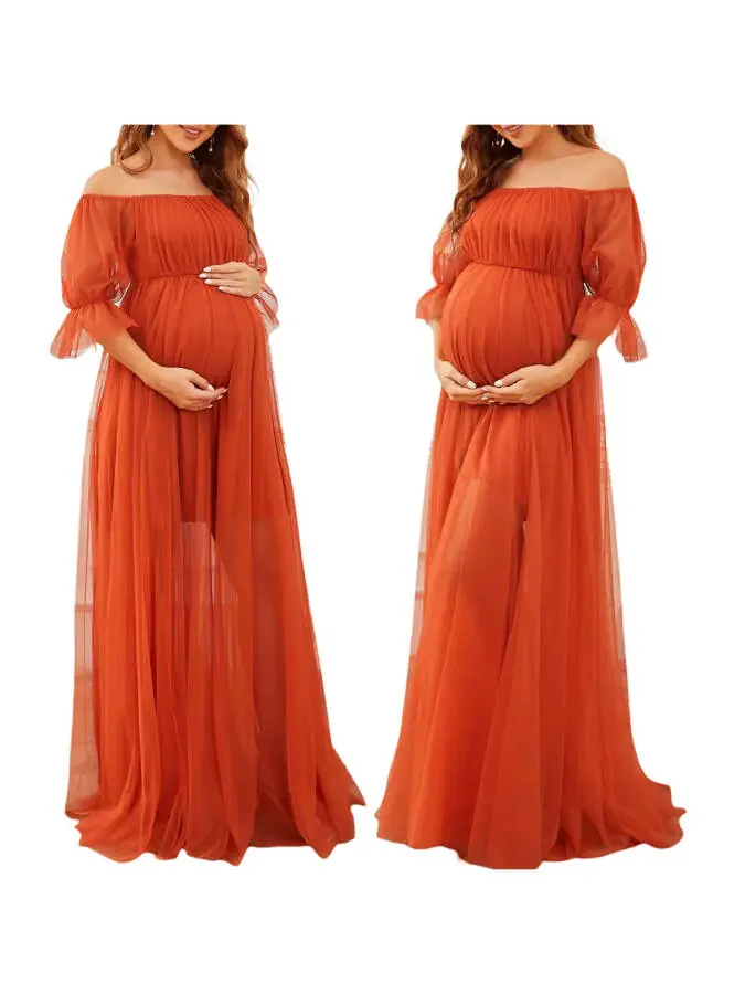 Musuos Women's Long Maternity Dress Short Sleeve Off Shoulder Tulle Gown Pregnancy Dress for Photoshoot - 9