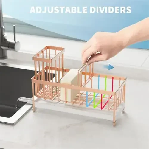 Cisily Rose Gold Sponge Holder for Kitchen Sink, Sink Caddy Organizer with High Brush Holder, Kitchen Countertop Organizers and Storage Essentials, Rustproof 304 Stainless Steel, Soap Dispenser - 3