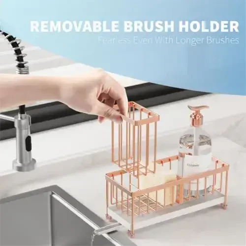 Cisily Rose Gold Sponge Holder for Kitchen Sink, Sink Caddy Organizer with High Brush Holder, Kitchen Countertop Organizers and Storage Essentials, Rustproof 304 Stainless Steel, Soap Dispenser - 4