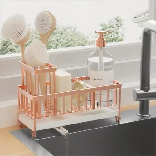 Cisily Rose Gold Sponge Holder for Kitchen Sink, Sink Caddy Organizer with High Brush Holder, Kitchen Countertop Organizers and Storage Essentials, Rustproof 304 Stainless Steel, Soap Dispenser - 1