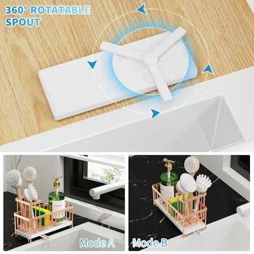Cisily Rose Gold Sponge Holder for Kitchen Sink, Sink Caddy Organizer with High Brush Holder, Kitchen Countertop Organizers and Storage Essentials, Rustproof 304 Stainless Steel, Soap Dispenser - 5