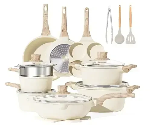 Kitchen Cookware Sets, 21 Pcs Pots and Pans Set Non Stick, Granite Induction Cookware With Steamer Basket, Nonstick Cooking Pot and Pan Set, 4-Cup Egg Pan Set, PFOS PFOA Free, Cream White 