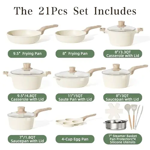 Kitchen Cookware Sets, 21 Pcs Pots and Pans Set Non Stick, Granite Induction Cookware With Steamer Basket, Nonstick Cooking Pot and Pan Set, 4-Cup Egg Pan Set, PFOS PFOA Free, Cream White - CAANNASWEIS (1)