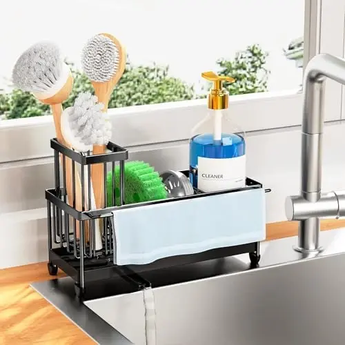 Cisily Sponge Holder for Kitchen Sink with Towel Rack, Sink Caddy with Kitchen High Brush Holder, Organzier Rustproof 304 Stainless Steel Dish Organizer Divider, Soap Dispenser Storage - 1
