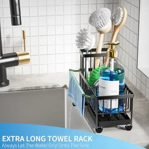 Cisily Sponge Holder for Kitchen Sink with Towel Rack, Sink Caddy with Kitchen High Brush Holder, Organzier Rustproof 304 Stainless Steel Dish Organizer Divider, Soap Dispenser Storage - 2