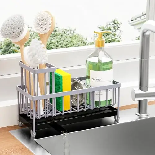 Cisily Light Gray Sponge Holder for Kitchen Sink, Sink Caddy Organizer with High Brush Holder, Kitchen Countertop Organizers and Storage Essentials, Rustproof 304 Stainless Steel, Soap Dispenser - 1