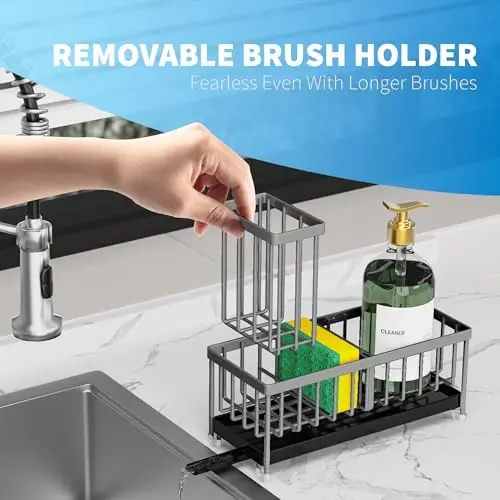 Cisily Light Gray Sponge Holder for Kitchen Sink, Sink Caddy Organizer with High Brush Holder, Kitchen Countertop Organizers and Storage Essentials, Rustproof 304 Stainless Steel, Soap Dispenser - 5