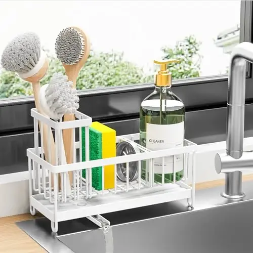 Cisily White Sponge Holder for Kitchen Sink, Sink Caddy Organizer with High Brush Holder, Kitchen Countertop Organizers and Storage Essentials, Rustproof 304 Stainless Steel, Soap Dispenser Organize - 1