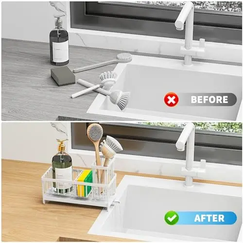 Cisily White Sponge Holder for Kitchen Sink, Sink Caddy Organizer with High Brush Holder, Kitchen Countertop Organizers and Storage Essentials, Rustproof 304 Stainless Steel, Soap Dispenser Organize - 6