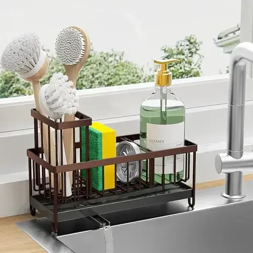 Cisily Brown Sponge Holder for Kitchen Sink, Sink Caddy Organizer with High Brush Holder, Kitchen Countertop Organizers and Storage Essentials, Rustproof 304 Stainless Steel, Soap Dispenser Organize - 1