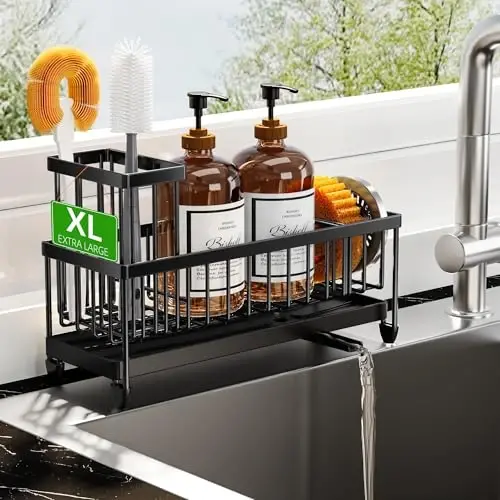 Cisily Extra Large Black Sponge Holder for Kitchen Sink, Sink Caddy Organizer with High Brush Holder, Kitchen Countertop Organizers and Storage Essentials, Rustproof 304 Stainless Steel 