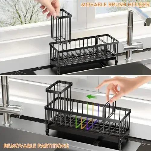 Cisily Extra Large Black Sponge Holder for Kitchen Sink, Sink Caddy Organizer with High Brush Holder, Kitchen Countertop Organizers and Storage Essentials, Rustproof 304 Stainless Steel - 5