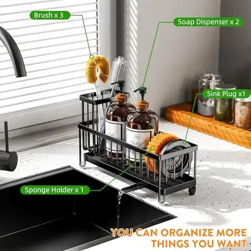 Cisily Extra Large Black Sponge Holder for Kitchen Sink, Sink Caddy Organizer with High Brush Holder, Kitchen Countertop Organizers and Storage Essentials, Rustproof 304 Stainless Steel - 6