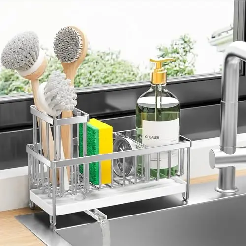Cisily Silver Sponge Holder for Kitchen Sink, Sink Caddy Organizer with High Brush Holder, Kitchen Countertop Organizers and Storage Essentials, Rustproof 304 Stainless Steel, Soap Dispenser Organize - 1