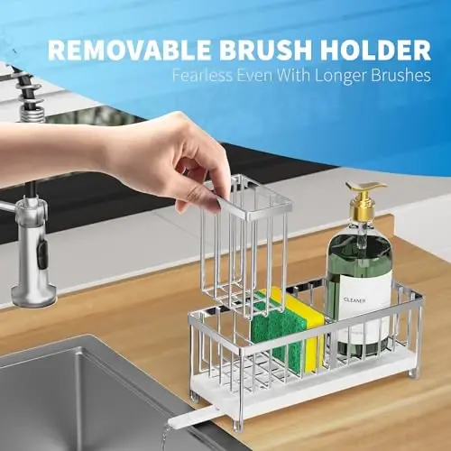 Cisily Silver Sponge Holder for Kitchen Sink, Sink Caddy Organizer with High Brush Holder, Kitchen Countertop Organizers and Storage Essentials, Rustproof 304 Stainless Steel, Soap Dispenser Organize - 3
