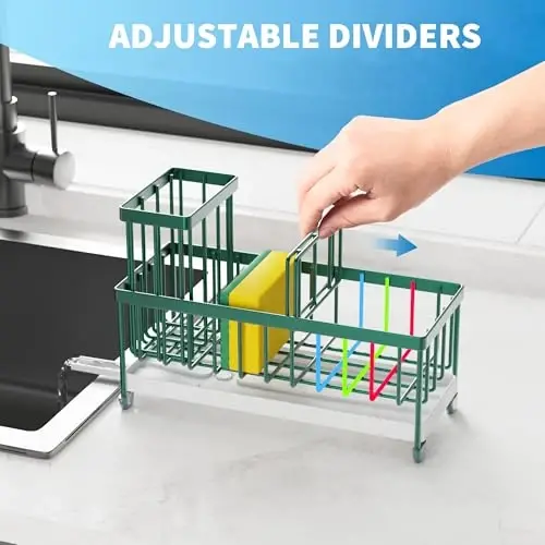 Cisily Sponge Holder for Kitchen Sink, Sink Caddy Organizer with High Brush Holder, Countertop Organizers and Storage Rustproof 304 Stainless Steel, Dark Green Kitchen Decor and Accessories - 5
