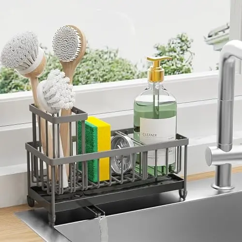 Cisily Charcoal Gray Sponge Holder for Kitchen Sink, Sink Caddy Organizer with High Brush Holder, Kitchen Countertop Organizers and Storage Essentials, Rustproof 304 Stainless Steel - 1