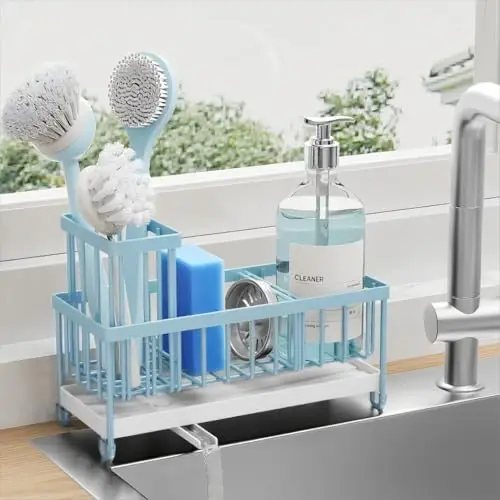 Cisily Blue Sponge Holder for Kitchen Sink, Sink Caddy Organizer with High Brush Holder, Kitchen Countertop Organizers and Storage Essentials, Rustproof 304 Stainless Steel, Soap Dispenser Organize - 1