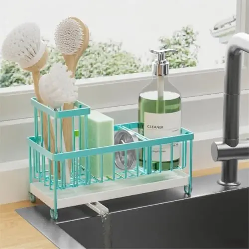 Cisily Turquoise Sponge Holder for Kitchen Sink, Sink Caddy Organizer with High Brush Holder, Kitchen Countertop Organizers and Storage Essentials, Rustproof 304 Stainless Steel, Soap Dispenser 