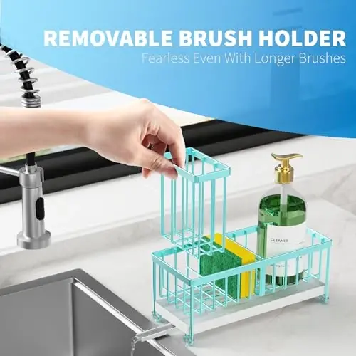 Cisily Turquoise Sponge Holder for Kitchen Sink, Sink Caddy Organizer with High Brush Holder, Kitchen Countertop Organizers and Storage Essentials, Rustproof 304 Stainless Steel, Soap Dispenser - 4