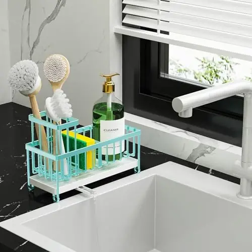 Cisily Turquoise Sponge Holder for Kitchen Sink, Sink Caddy Organizer with High Brush Holder, Kitchen Countertop Organizers and Storage Essentials, Rustproof 304 Stainless Steel, Soap Dispenser - 6