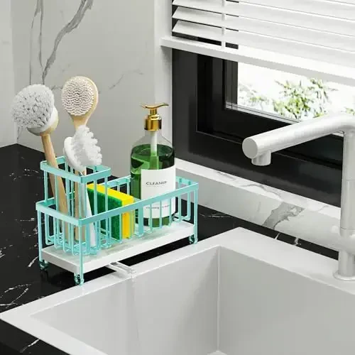 Cisily Turquoise Sponge Holder for Kitchen Sink, Sink Caddy Organizer with High Brush Holder, Kitchen Countertop Organizers and Storage Essentials, Rustproof 304 Stainless Steel, Soap Dispenser - 6