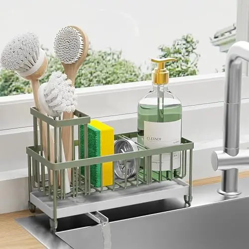 Cisily Sage Green Sponge Holder for Kitchen Sink, Sink Caddy Organizer with High Brush Holder, Kitchen Countertop Organizers and Storage Essentials, Rustproof 304 Stainless Steel, Soap Dispenser - 1