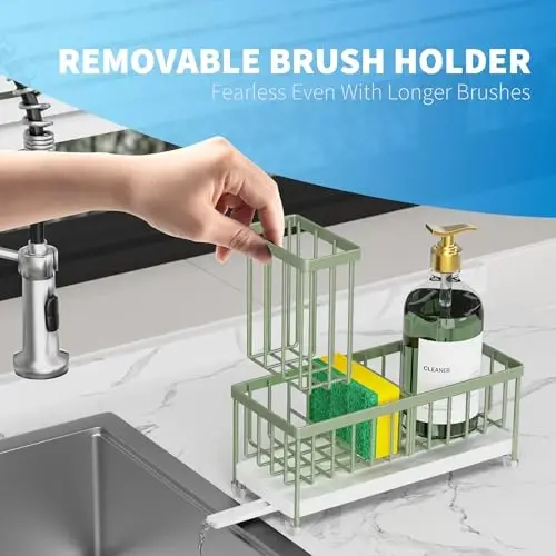 Cisily Sage Green Sponge Holder for Kitchen Sink, Sink Caddy Organizer with High Brush Holder, Kitchen Countertop Organizers and Storage Essentials, Rustproof 304 Stainless Steel, Soap Dispenser - 3