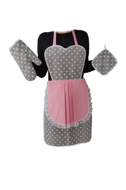 Mutfak Önlüğü Tutacak Eldiven Set Gri Pembe Puantiyeli Set T5643 - pudra pembe - 1