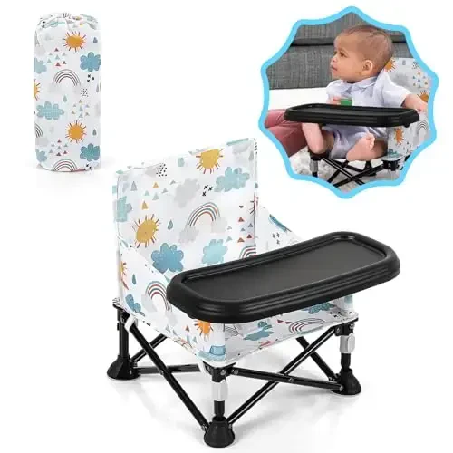 Toddler Booster Seat for Kitchen Chair & Travel - Portable Foldable with Removable Tray, Baby Camping Chair 6-36 Months Indoor Outdoor (White Cloud Design) 