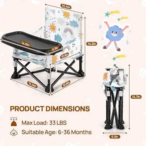 Toddler Booster Seat for Kitchen Chair & Travel - Portable Foldable with Removable Tray, Baby Camping Chair 6-36 Months Indoor Outdoor (White Cloud Design) - ASKCAT (1)