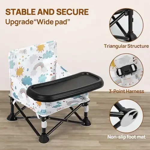 Toddler Booster Seat for Kitchen Chair & Travel - Portable Foldable with Removable Tray, Baby Camping Chair 6-36 Months Indoor Outdoor (White Cloud Design) - 4