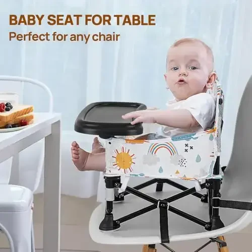 Toddler Booster Seat for Kitchen Chair & Travel - Portable Foldable with Removable Tray, Baby Camping Chair 6-36 Months Indoor Outdoor (White Cloud Design) - 6