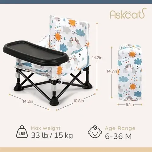 Toddler Booster Seat for Kitchen Chair & Travel - Portable Foldable with Removable Tray, Baby Camping Chair 6-36 Months Indoor Outdoor (White Cloud Design) - TODDLER