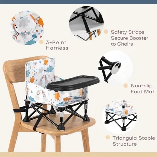 Toddler Booster Seat for Kitchen Chair & Travel - Portable Foldable with Removable Tray, Baby Camping Chair 6-36 Months Indoor Outdoor (White Cloud Design) - 3
