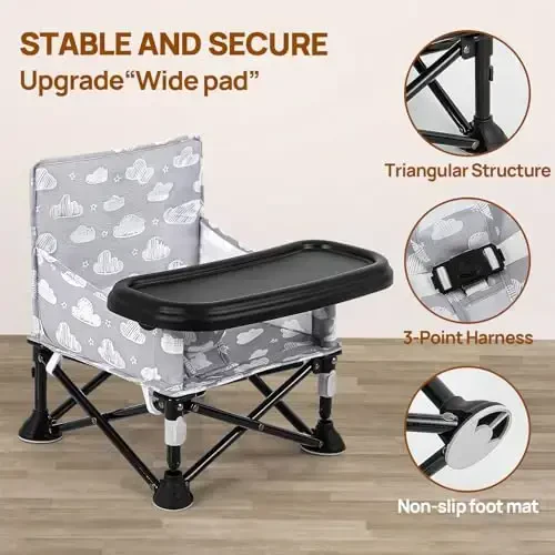 Toddler Booster Seat for Kitchen Chair & Travel - Portable Foldable with Removable Tray, Baby Camping Chair 6-36 Months Indoor Outdoor (White Cloud Design) - 5
